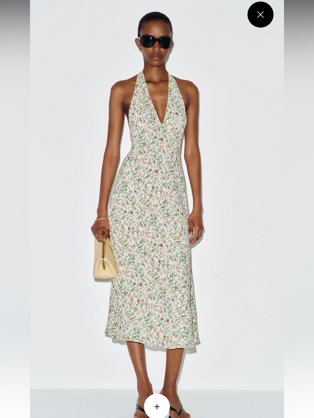 Reformation Cream Floral Halter Midi Dress with Green & Pink Print